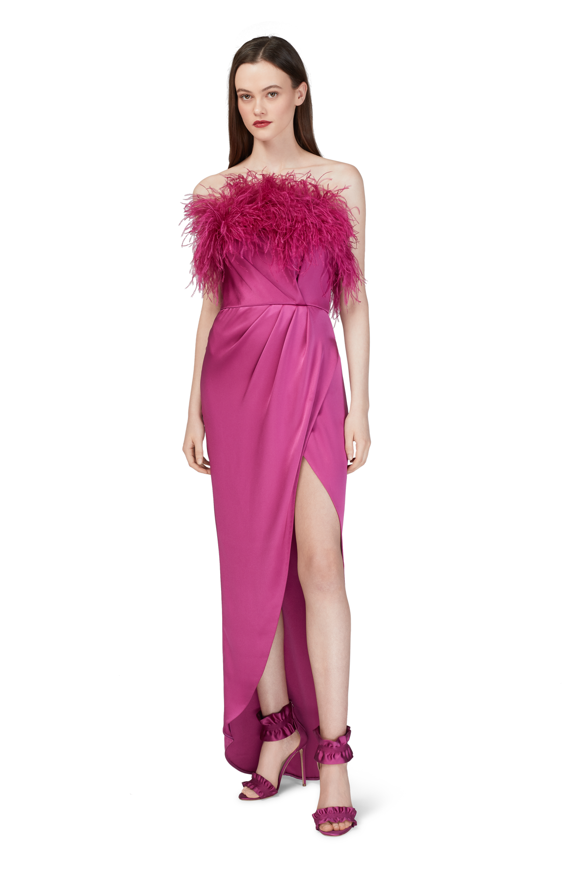 Pomegranate Double Silk Satin Feather Draped Dress